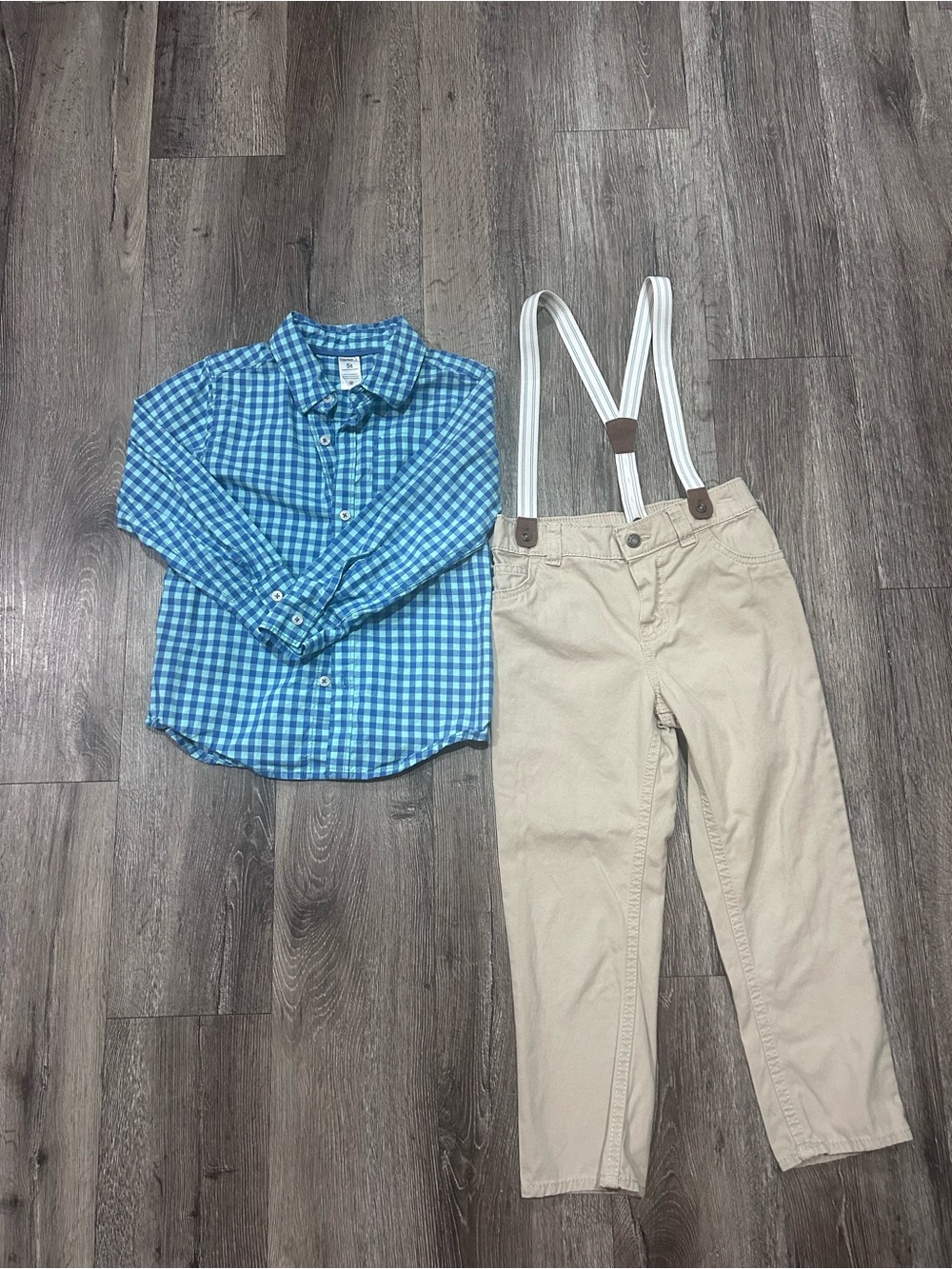 Carter's Blue Gingham Shirt with Cream Khaki Pants & White Suspenders